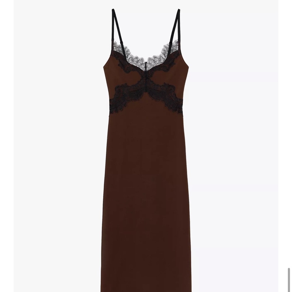 Zara Chocolate Midi Dress with Black Lace